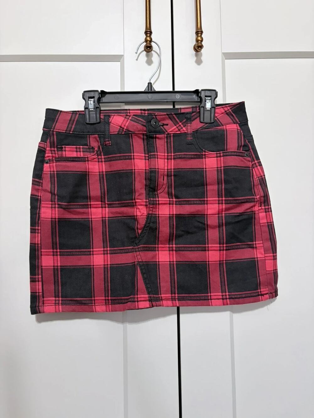 Y2K Grunge Mall Goth Red Plaid Denim Mini Skirt Size 5